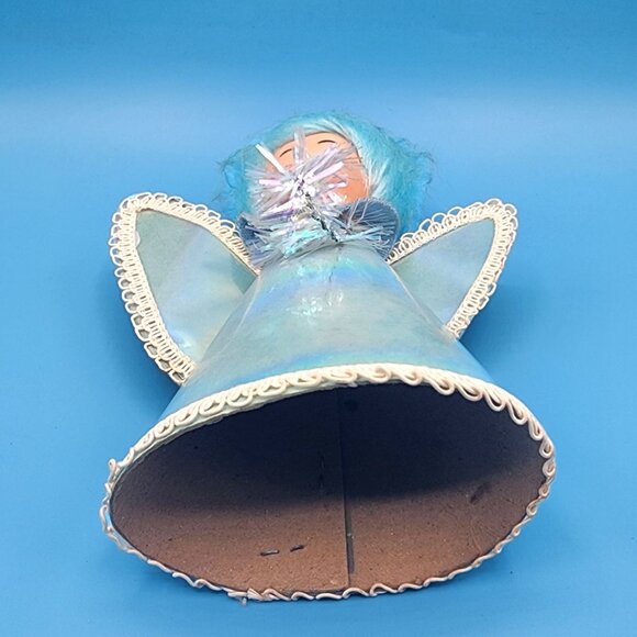 Vintage 1960s Blue Hair Angel Tree Topper Iridescent Gown Tinsel Halo Retro Xmas - Picture 10 of 12